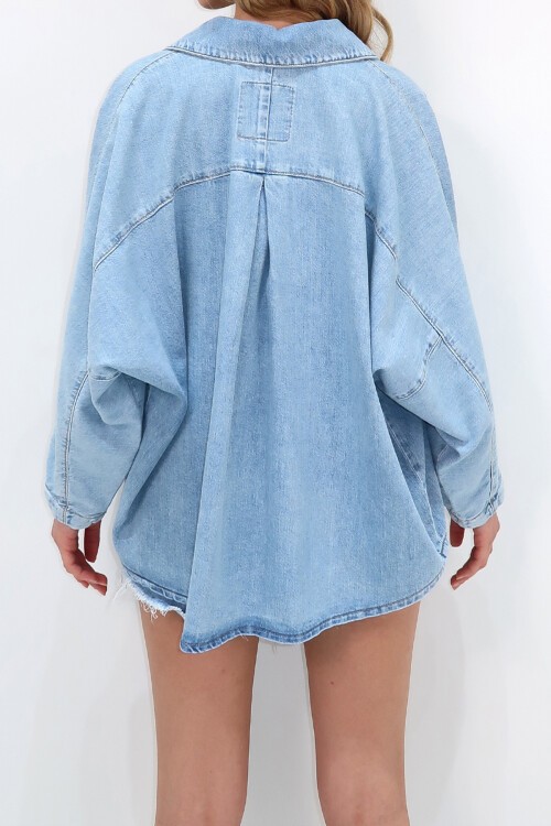 Açık Mavi Yarasa Kol Oversize Çıtçıt Kapamalı Mevsimlik Jean  Ceket