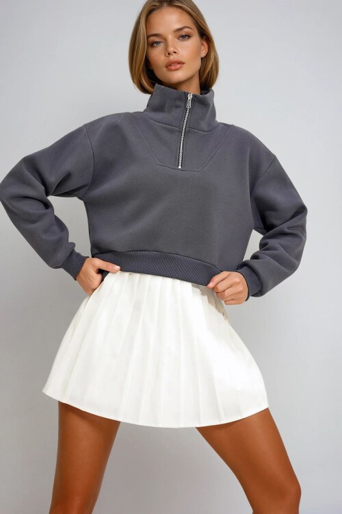 Antrasit Dik Yaka Fermuarlı Sweatshirt