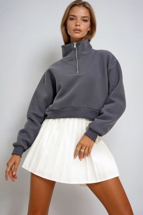 Antrasit Dik Yaka Fermuarlı Sweatshirt