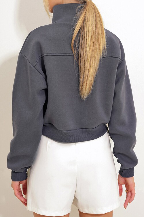 Antrasit Dik Yaka Fermuarlı Sweatshirt