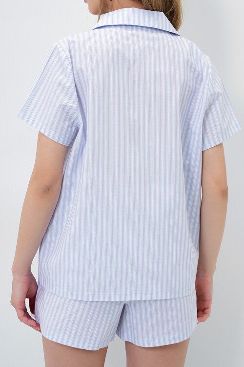 Bebe Mavi Çizgi Desenli Önü Düğmeli Dokuma Gömlek Ve Şort Pijama Takım