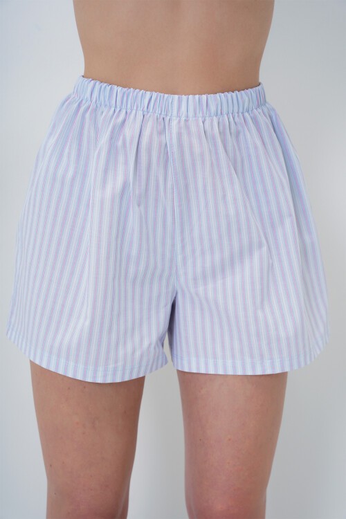 Bebe Mavi Çizgi Desenli Önü Düğmeli Dokuma Gömlek Ve Şort Pijama Takım