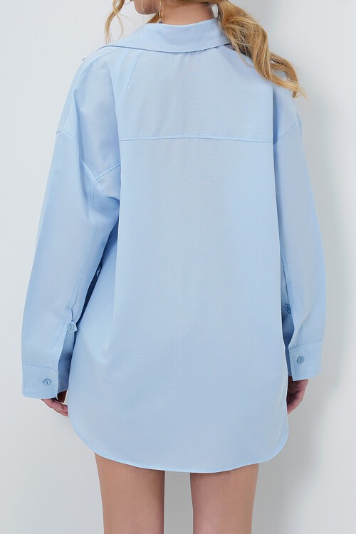 Bebe Mavi Dikiş Detaylı Yanları Daraltmalı Poplin Gömlek