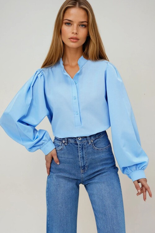 Bebe Mavi Hakim Yaka Önü Düğmeli Balon Kol Poplin Dokuma Gömlek