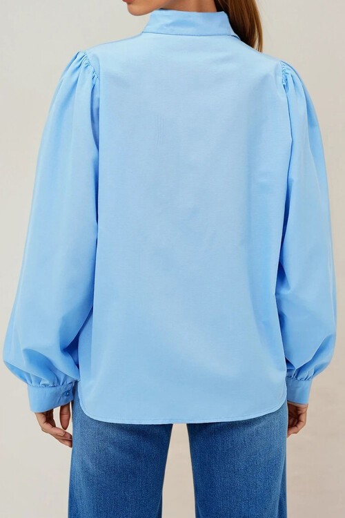 Bebe Mavi Hakim Yaka Önü Düğmeli Balon Kol Poplin Dokuma Gömlek