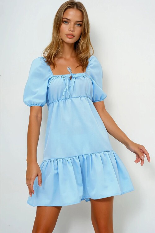 Bebe Mavi Kare Yaka Balon Kol Poplin  Mini Elbise