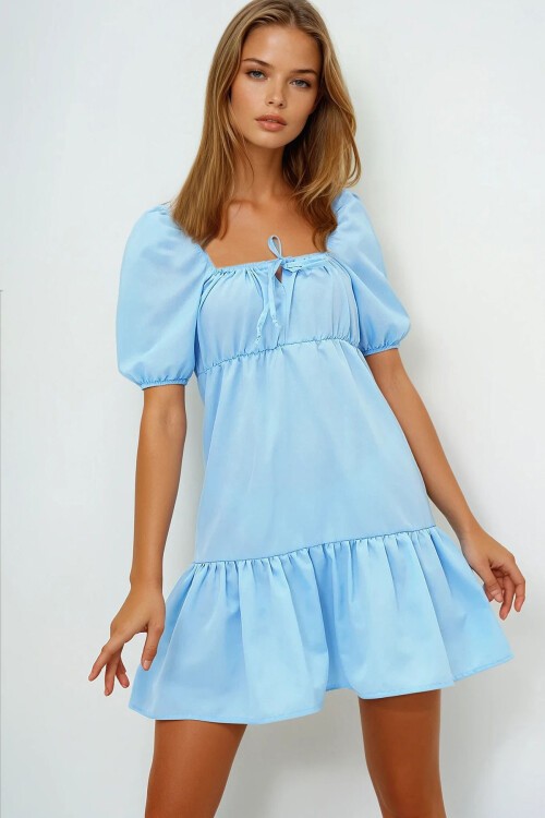 Bebe Mavi Kare Yaka Balon Kol Poplin  Mini Elbise