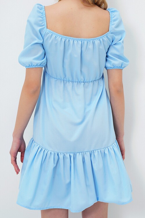 Bebe Mavi Kare Yaka Balon Kol Poplin  Mini Elbise