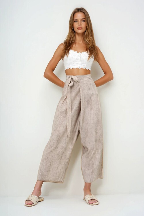 Bej Bağlama Detaylı Şalvar Kesim Aerobin Pantolon