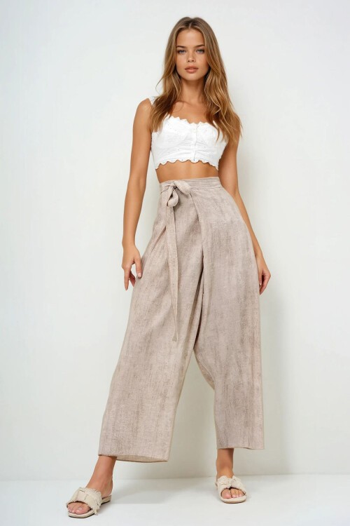 Bej Bağlama Detaylı Şalvar Kesim Aerobin Pantolon