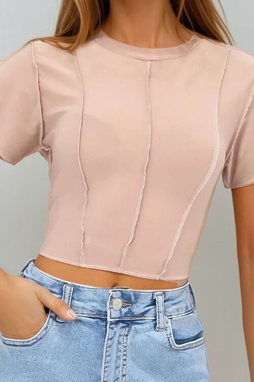 Bej Bisiklet Yaka Önü Dikişli Crop Sandy Bluz