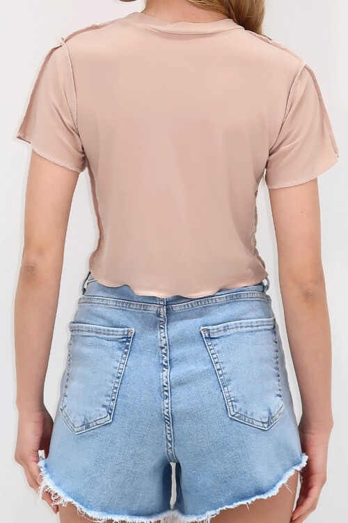 Bej Bisiklet Yaka Önü Dikişli Crop Sandy Bluz