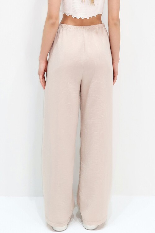 Bej Çift Cepli Beli Lastikli Keten Geniş Paça Pantolon