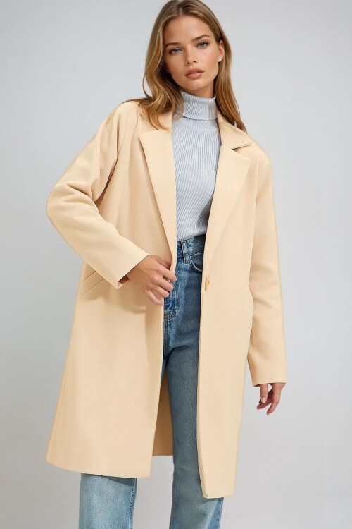 Bej Çift Cepli İçi Astarlı Kışlık Kaşe Kaban