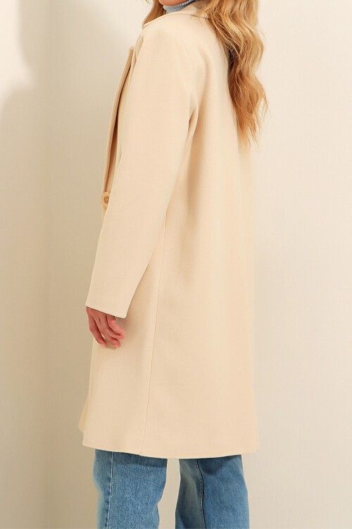 Bej Çift Cepli İçi Astarlı Kışlık Kaşe Kaban