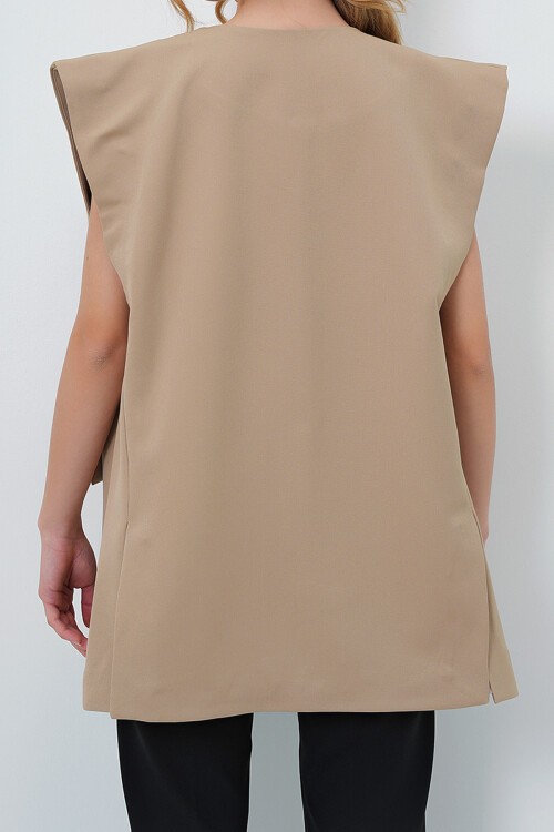 Bej Çift Yırtmaçlı Tek Düğme Oversize Dokuma Çoban Yelek