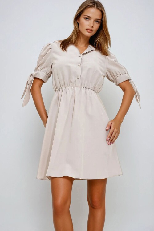 Bej Gömlek Yaka Karpuz Kollu Poplin Elbise