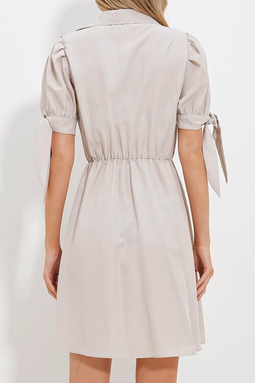 Bej Gömlek Yaka Karpuz Kollu Poplin Elbise