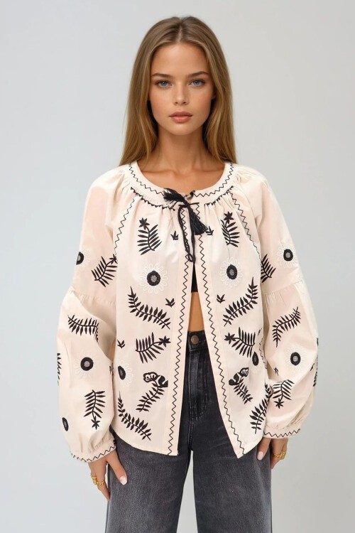 Bej Hakim Yaka Çiçek Desenli Nakış İşlemeli Keten Ceket