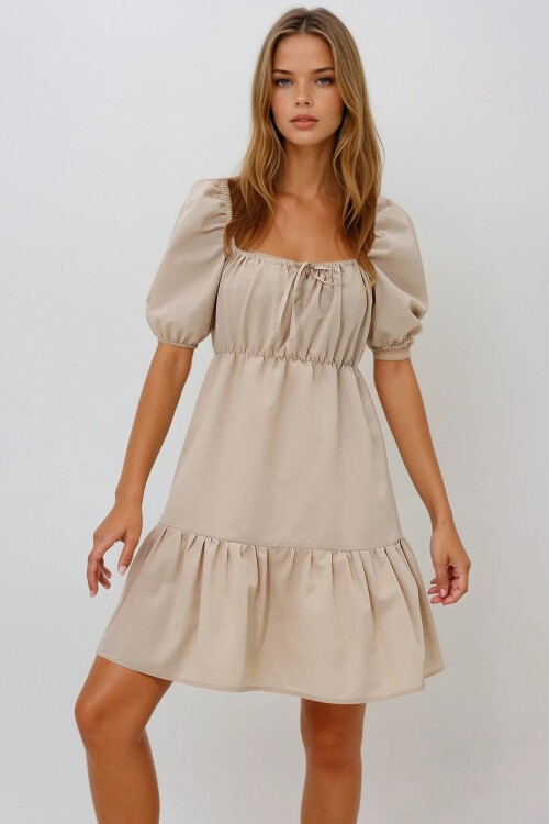Bej Kare Yaka Balon Kol Poplin  Mini Elbise