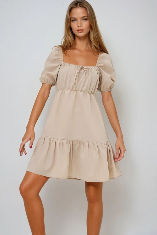 Bej Kare Yaka Balon Kol Poplin  Mini Elbise