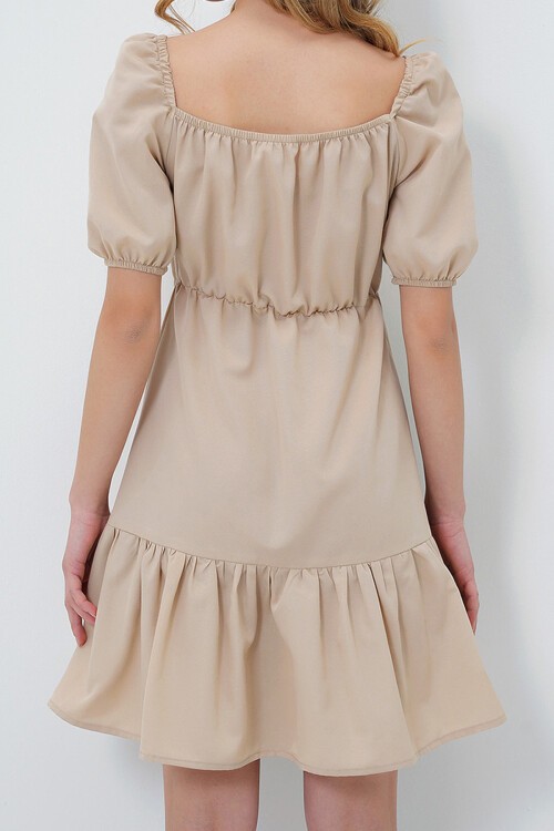 Bej Kare Yaka Balon Kol Poplin  Mini Elbise