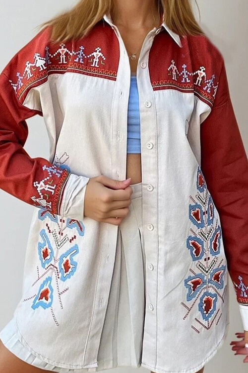 Bej Nakışlı Renk Bloklu Oversize Gabardin Ceket