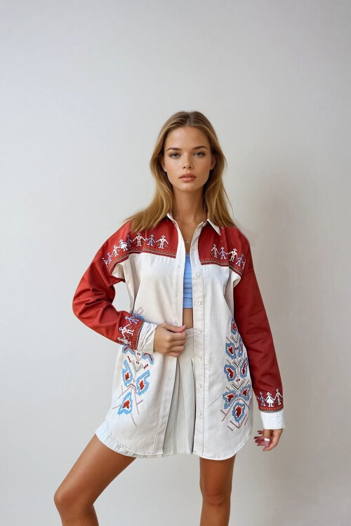 Bej Nakışlı Renk Bloklu Oversize Gabardin Ceket