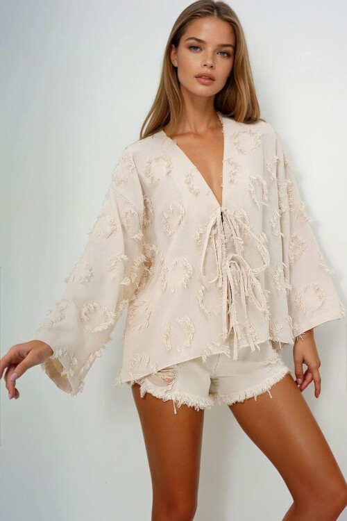 Bej V Yaka Önü Bağlamalı Püskül Detaylı Yazlık Keten Ceket