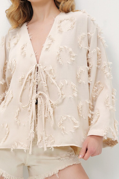 Bej V Yaka Önü Bağlamalı Püskül Detaylı Yazlık Keten Ceket