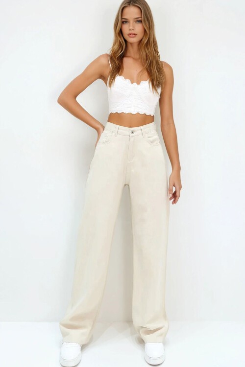 Bej Yüksek Bel Beş Cepli Wide Leg Yazlık Gabardin Pantolon