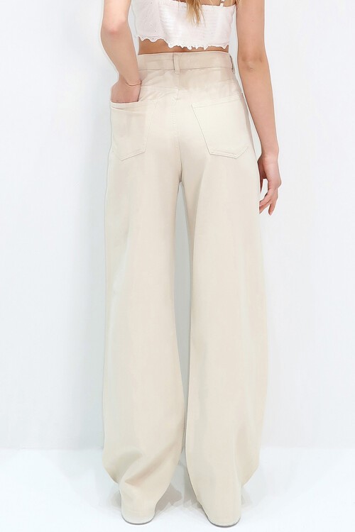 Bej Yüksek Bel Beş Cepli Wide Leg Yazlık Gabardin Pantolon
