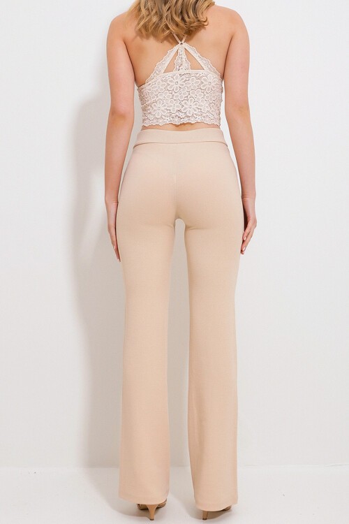 Bej Yüksek Bel Önü Çimalı Bol Paça Likralı Pantolon