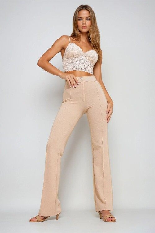 Bej Yüksek Bel Önü Çimalı Bol Paça Likralı Pantolon