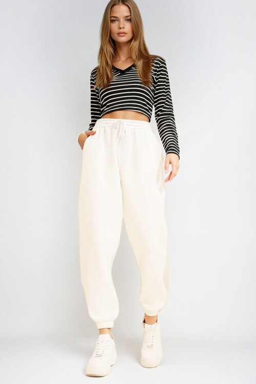 Beyaz 3 İplik İçi Şardonlu Jogging Eşofman Altı