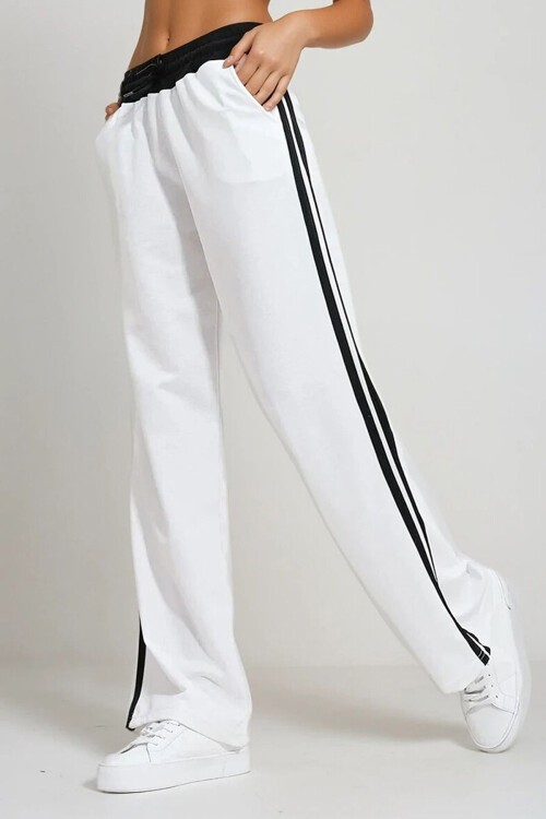 Beyaz Beli Lastikli Çift Şeritli Pazalazzo Eşofman Altı