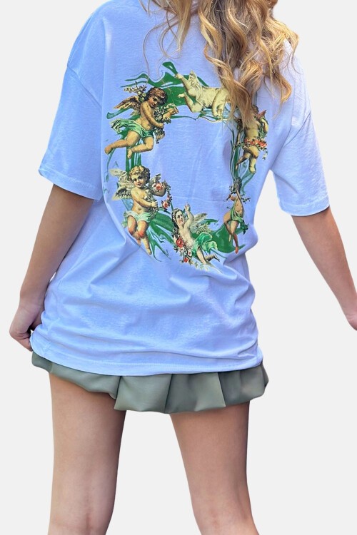 Beyaz Bisiklet Yaka Eros Baskılı Oversize Unisez T Shirt