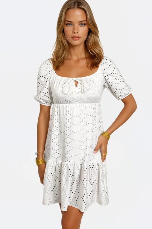 Beyaz Kare Yaka Balon Kol Poplin  Mini Elbise