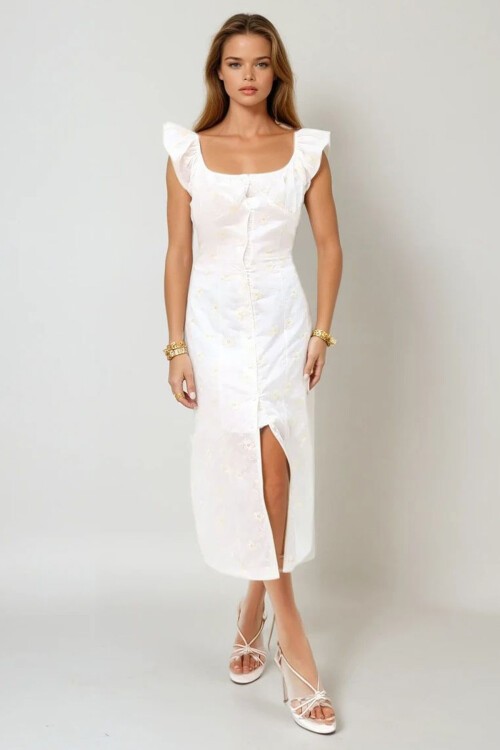 Beyaz Madonna Yaka Nakış İşlemeli İçi Astarlı Dokuma Elbise