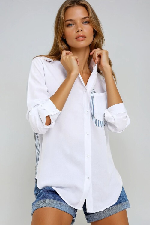 Beyaz Sırt Dekolteli Asimetrik Kesim Dokuma Gömlek