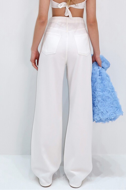 Beyaz Yüksek Bel Beş Cepli Wide Leg Yazlık Gabardin Pantolon