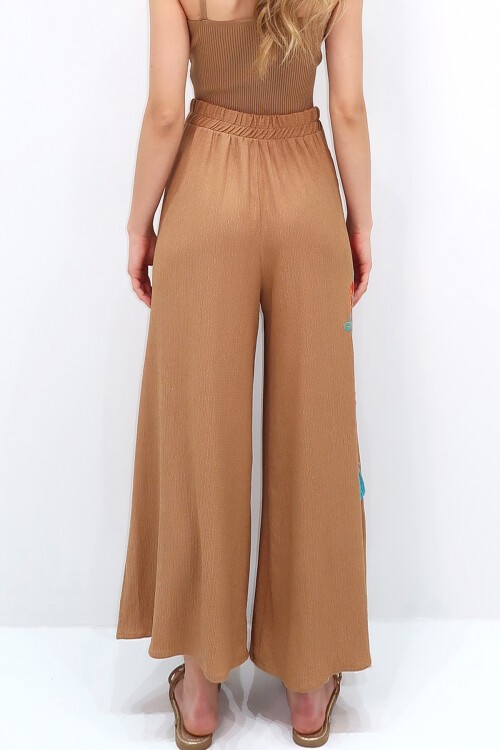 Bisküvi Yanları Etnik Desen Nakış İşlemeli Krinkıl Palazzo Pantolon