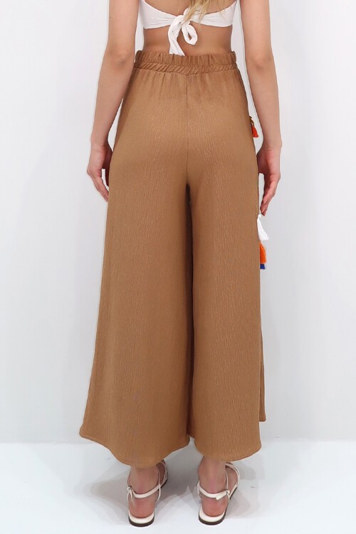 Bisküvi Yanları Etnik Desen Nakışve Püskül  İşlemeli Krinkıl Palazzo Pantolon