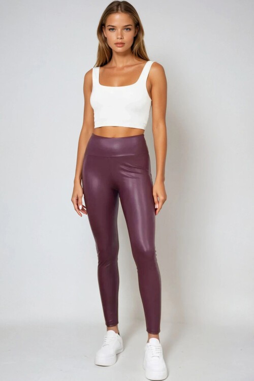 Bordo Beli Lastikli İçi Şardonlu Likralı Suni Deri Tayt