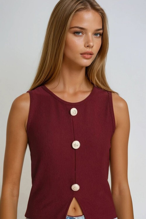 Bordo Bisiklet Yaka Gold Düğme Detaylı Ottoban Bluz