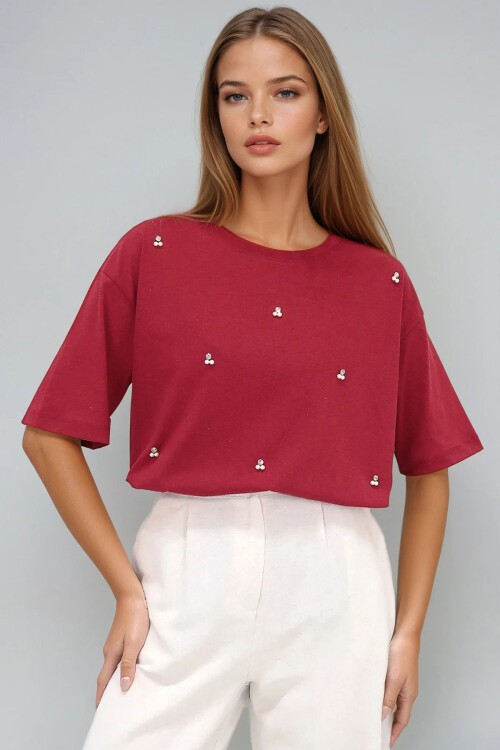 Bordo Bisiklet Yaka Oversize İnci Ve Taş İşlemeli T Shirt