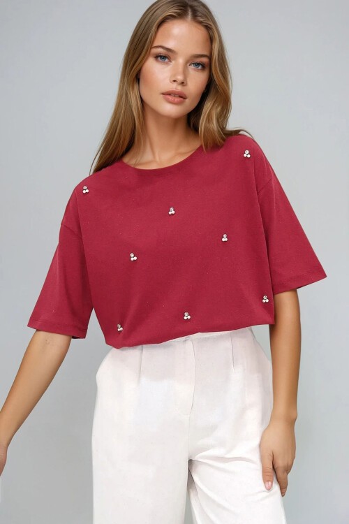 Bordo Bisiklet Yaka Oversize İnci Ve Taş İşlemeli T Shirt
