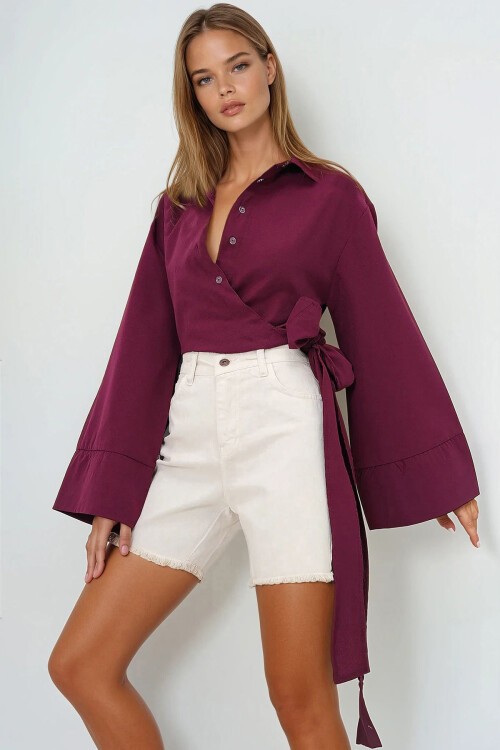 Bordo Geniş Manşetli Kol Detaylı Önü Bağlamalı Poplin Gömlek