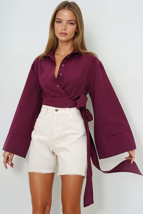 Bordo Geniş Manşetli Kol Detaylı Önü Bağlamalı Poplin Gömlek