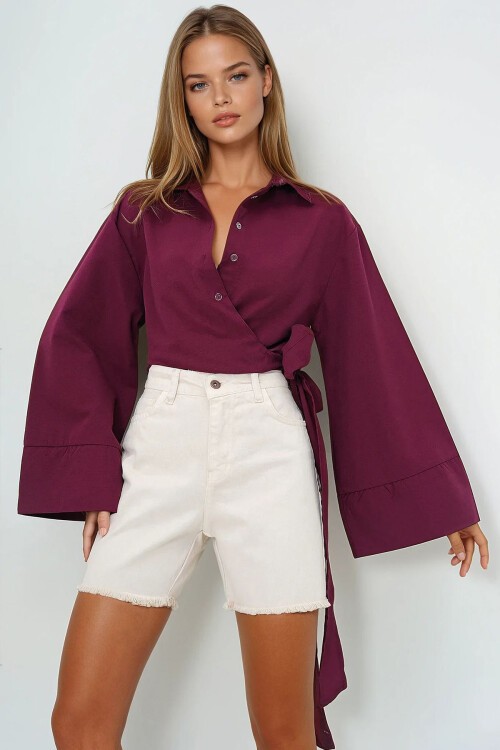 Bordo Geniş Manşetli Kol Detaylı Önü Bağlamalı Poplin Gömlek